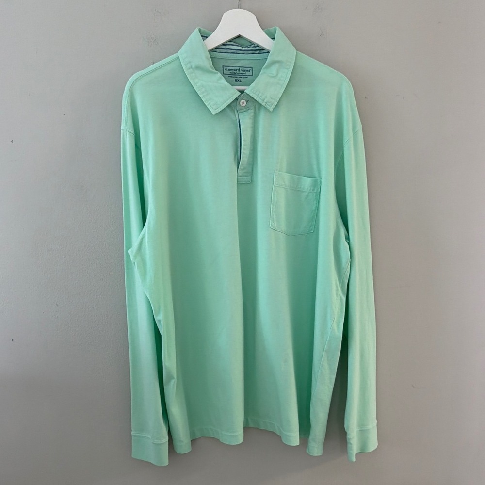 Vineyard Vines Mens XXL Mint Green Long Sleeve Cotton Polo Shirt Pocket Whale‎